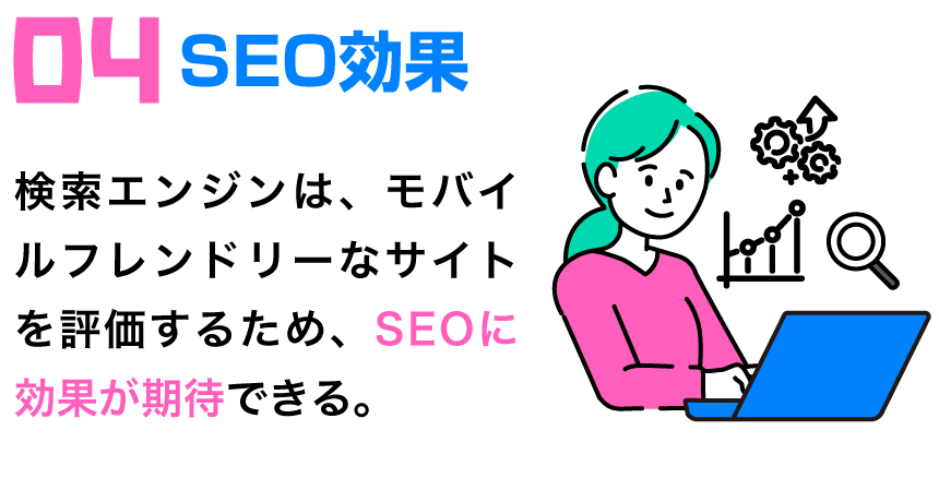 04 SEO効果 | 検索エンジンは、モバイルフレンドリーなサイトを評価するため、SEOに効果が期待できる。